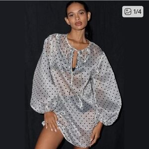 Anthropologie Mare Mare Sheer Silver Polka Dot Tie-Neck Tunic